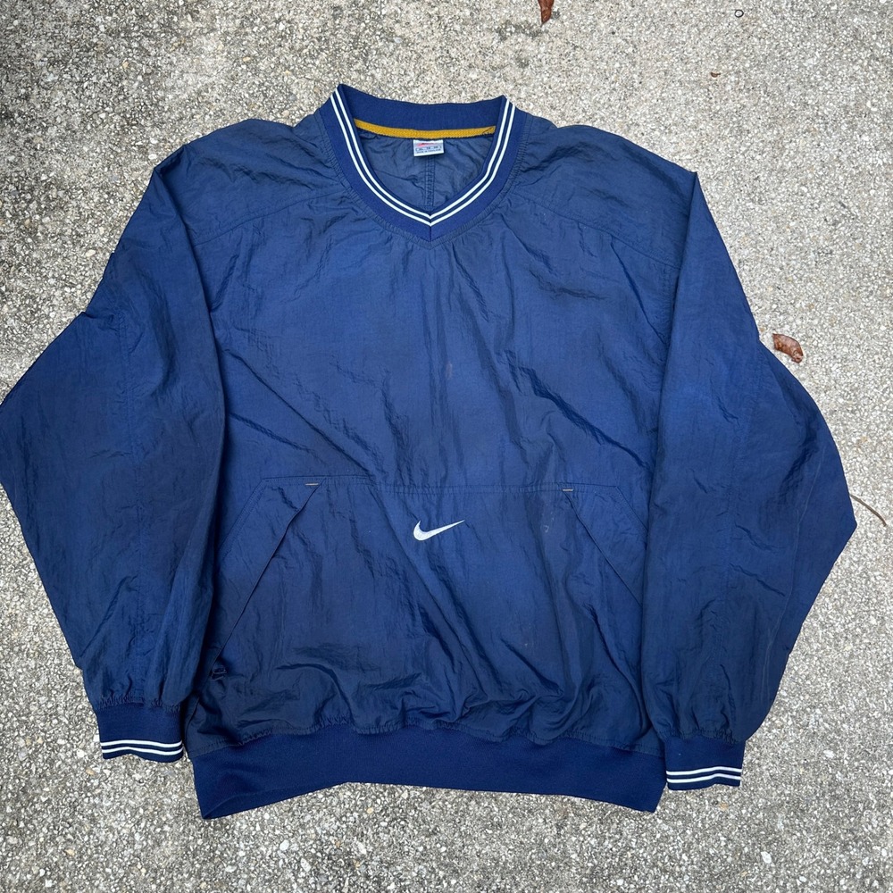 Vintage 90s Nike Windbreaker Pullover Navy Blue V-Neck Embroidered Swoosh XL